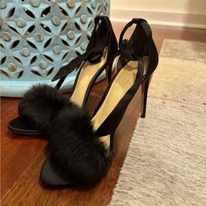 Alexandre Birman Satin and Rabbit Fur Clarita Heels